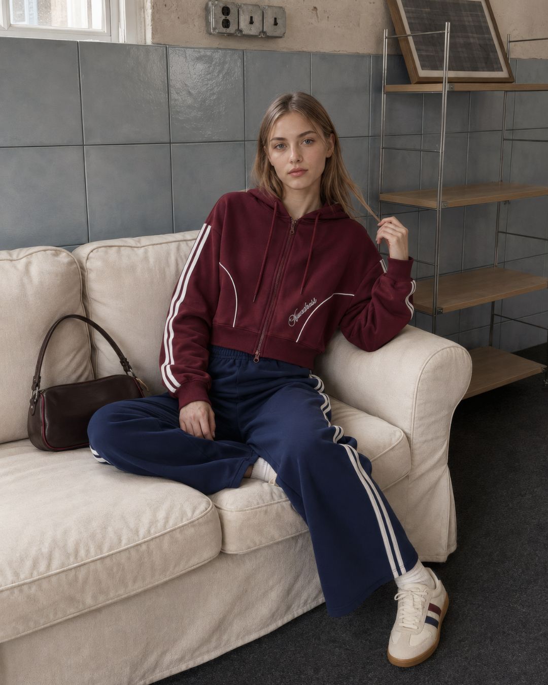 3 İplik Şeritli Nakışlı Fermuarlı Sweatshirt – t-shirt ürün görünümü 1